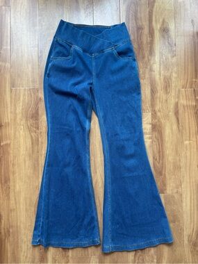 HALARA Indigo High-Rise Flared Jeans with Crossover Waistband